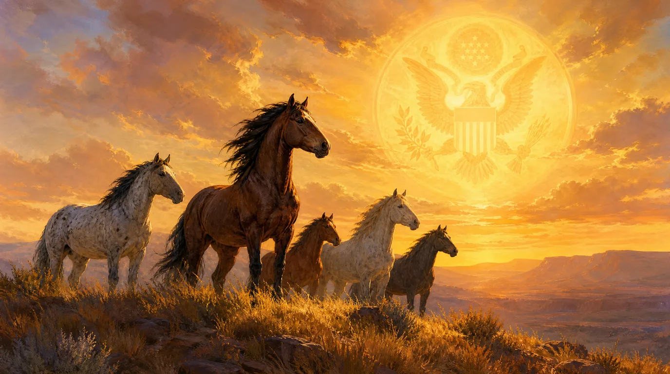 A small herd of wild mustangs stands proud on a golden ridge at sunset, watched over by a faint glowing government seal in the sky like a protective sun.