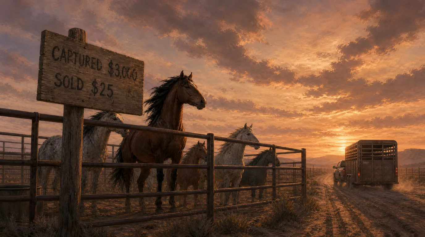 The same ridge revealed as a fenced holding facility at dusk: the mustangs penned behind metal corral rails, a ledger board reading CAPTURED $3,000 and SOLD $25, a livestock trailer pulling away down a dirt road.