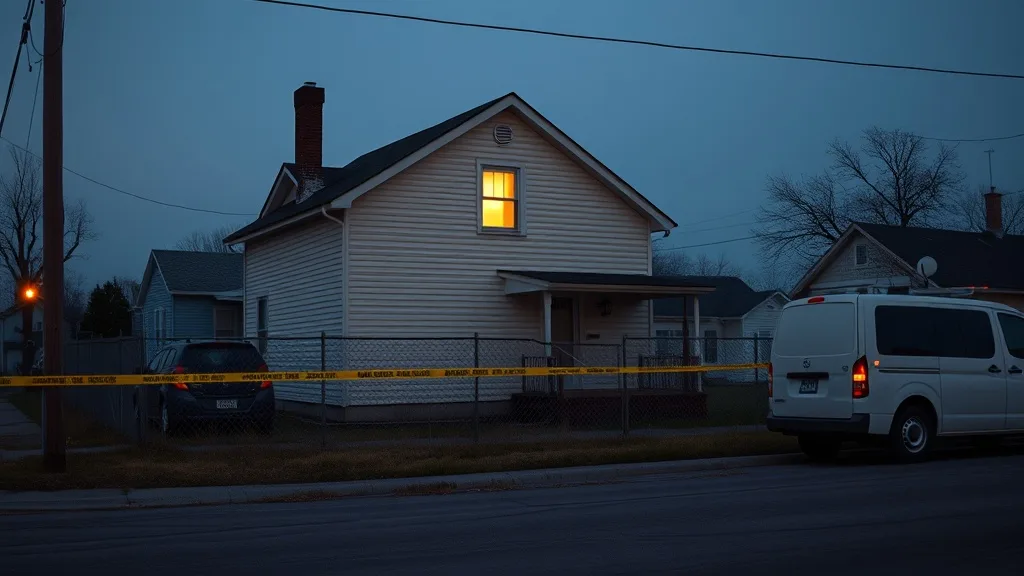 A small rural home at dusk with crime-scene tape and parked news vans – the crime-story image the headlines sell.