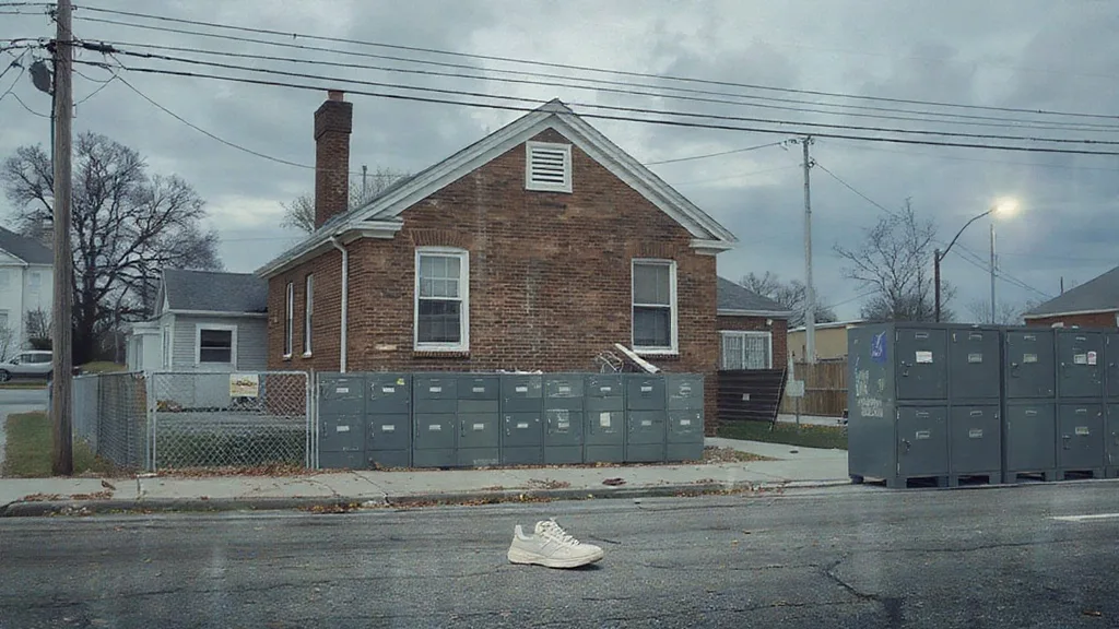 The same house revealed beside a dark hospital, an empty school with a truancy notice, and file cabinets emptied onto the curb – every institution that looked away.