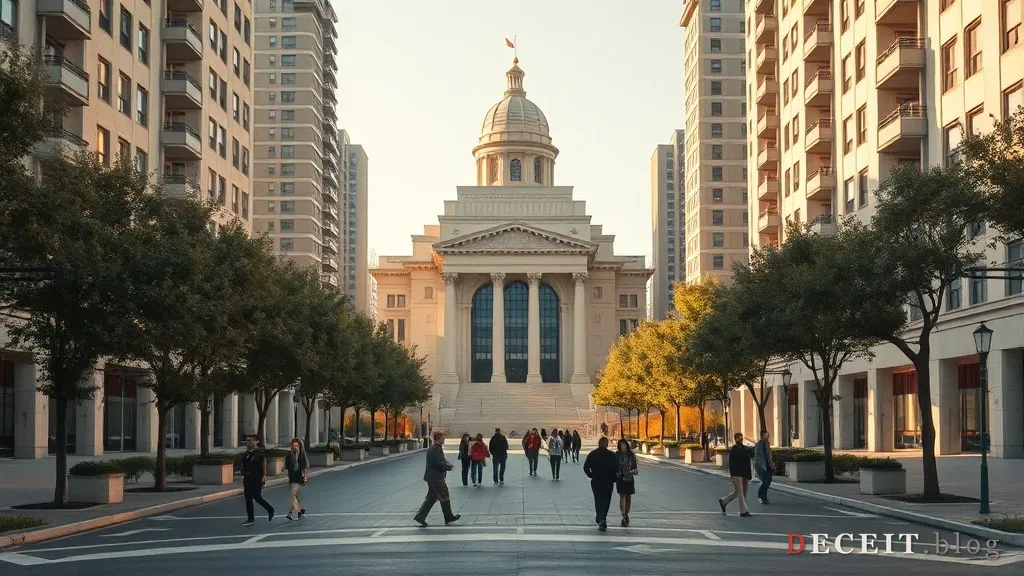 A planned monumental city street in golden light, pedestrians small against a central monument.