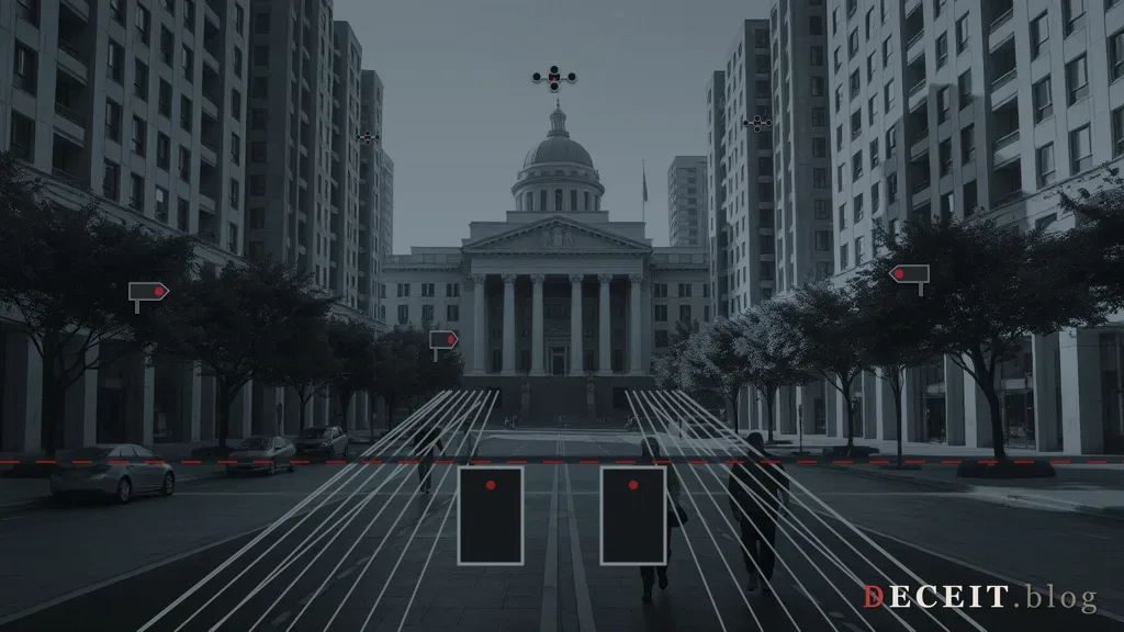 The same city street overlaid as a targeting grid, pedestrians reduced to tracked markers.