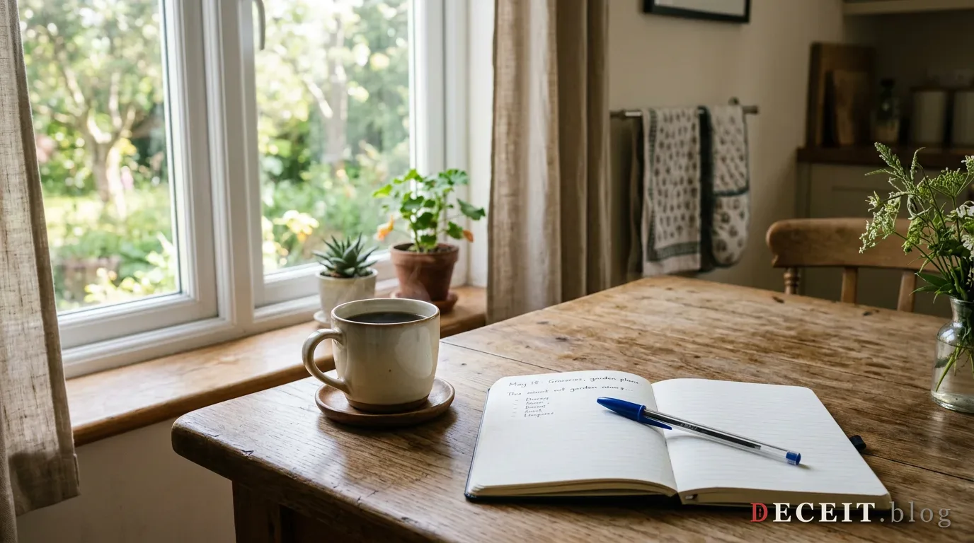 A kitchen table with a notebook, pen and coffee in warm morning light, a story being drafted.