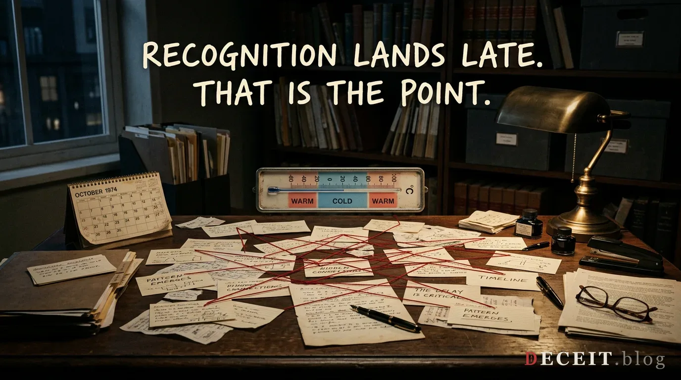 A desk covered in scattered unanswered letters and documents, captioned: recognition lands late. That is the point.