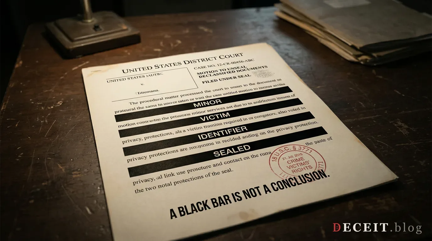 The same document revealed as a study in what redaction protects. Behind the bars, victim dignity, minor identities, sealed material. A black bar is not a conclusion. The redaction rules exposed.