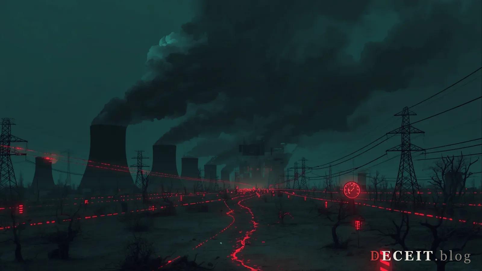 The same data center revealed as environmental devastation. Smoke stacks, dead trees, cracked earth, red-lined consumption meters, and a black sky where blue was.