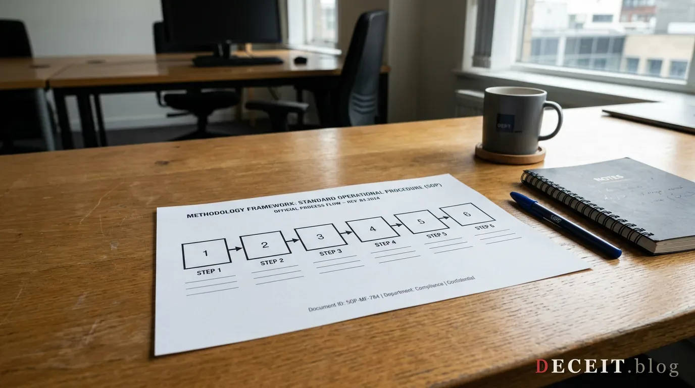 A printed form on an office desk showing a numbered sequence of steps in small type.