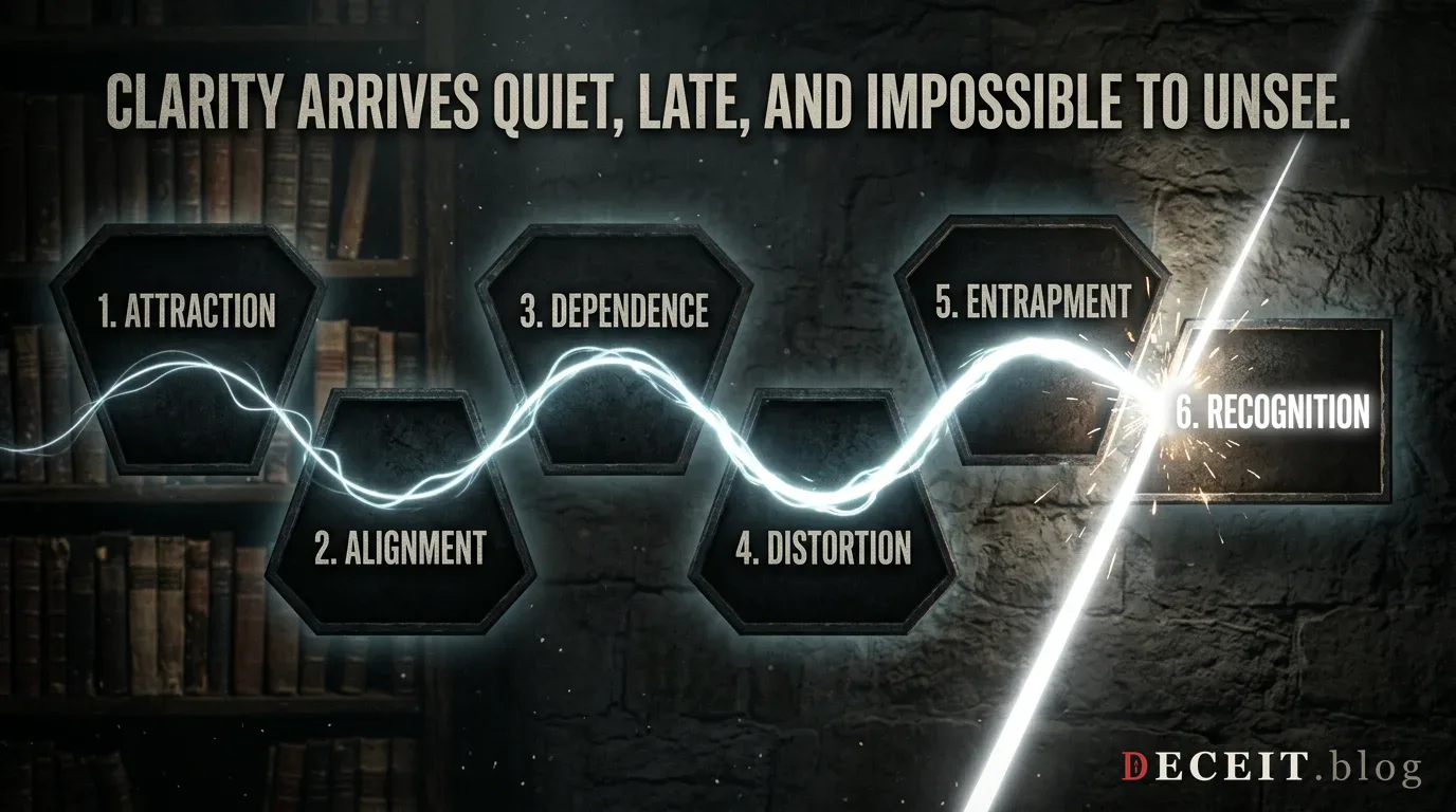 A dark wall chart tracing a manipulation pipeline stage by stage, from attraction through entrapment to recognition.
