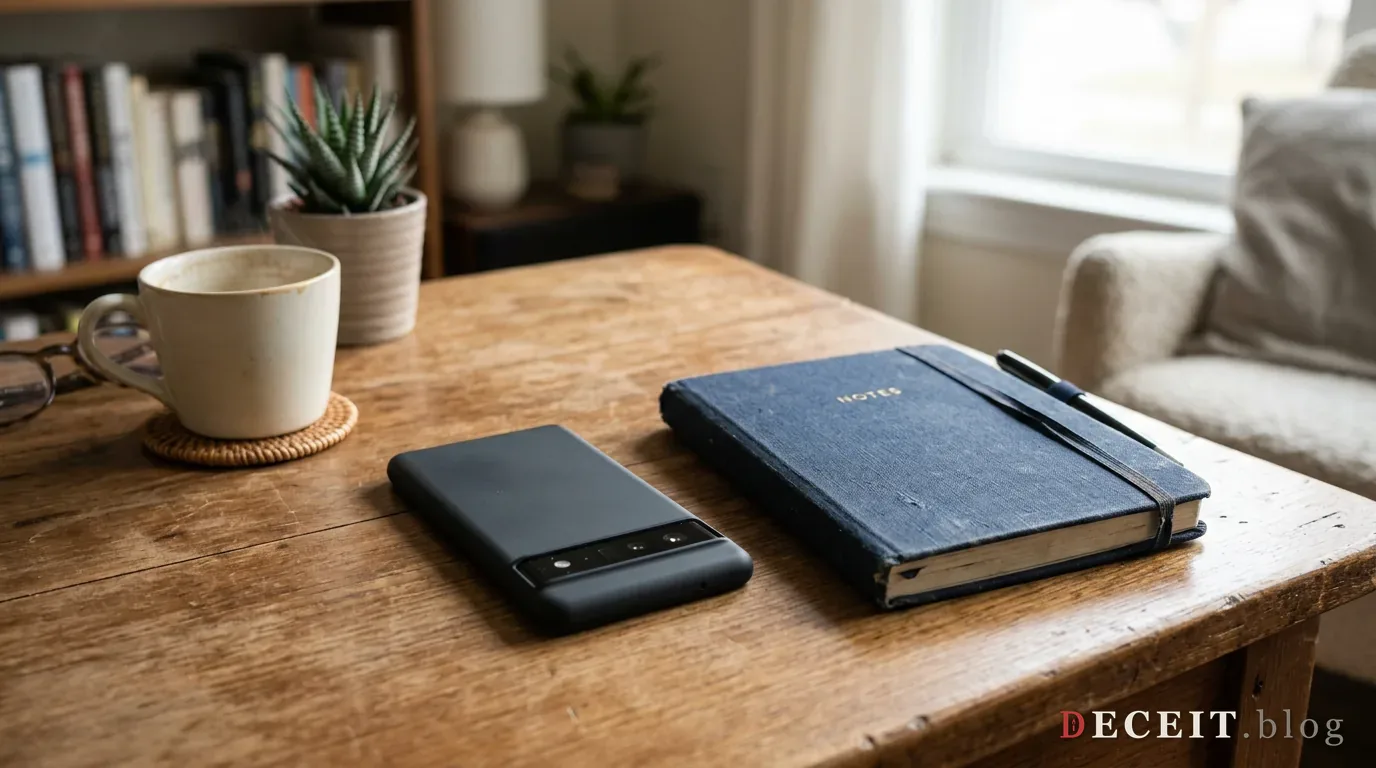 A quiet desk with reference books and a phone beside a notebook of drafted sentences.