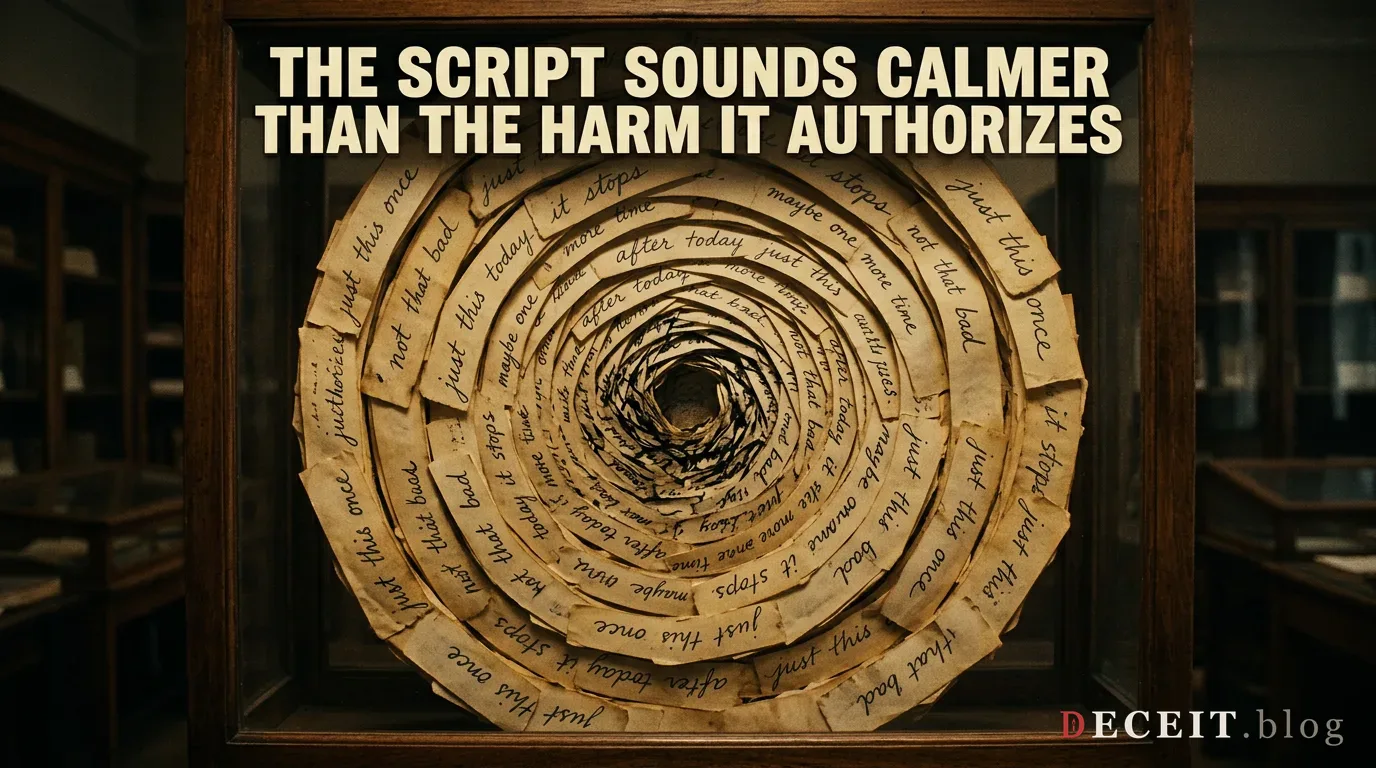A spiral of handwritten sentences tightening inward, captioned: the script sounds calmer than the harm it authorizes.