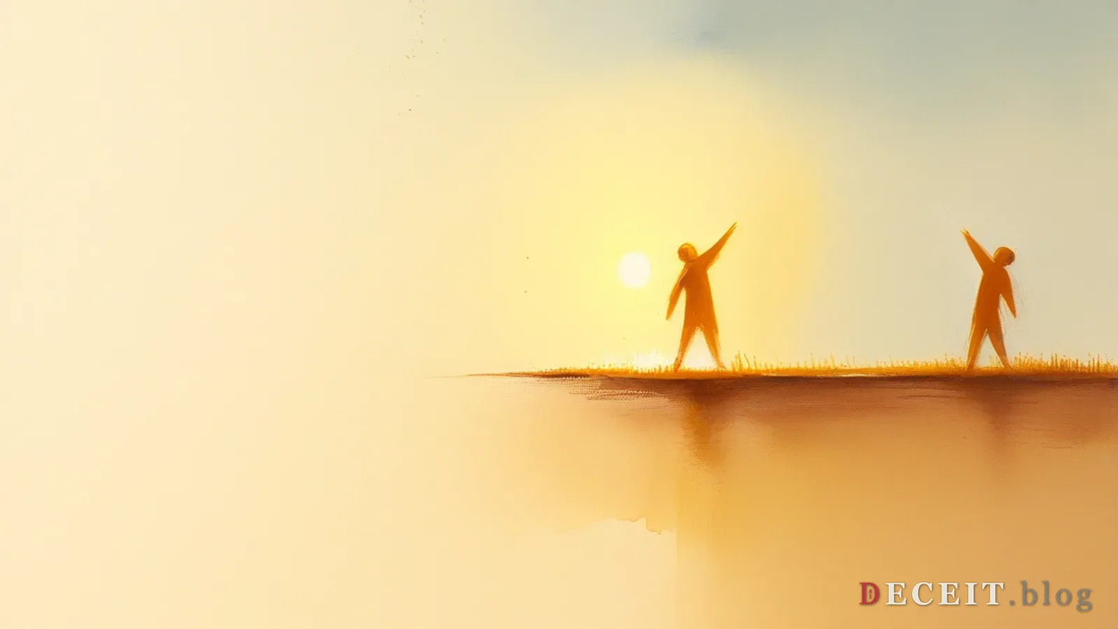 A clean, hopeful scene of coexistence. Two abstract silhouettes reaching toward each other across a divide, warm golden light, a peaceful horizon. Humanist, hopeful, universal.