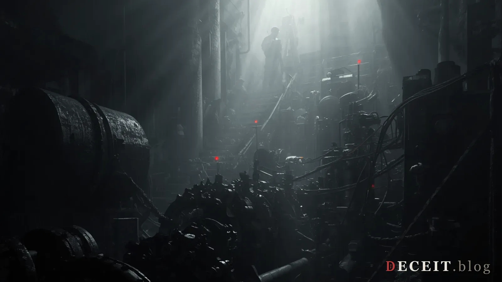 The same scene revealed as obscured by national myths. Behind the hopeful silhouettes, dark geopolitical machinery, documented genocide findings.