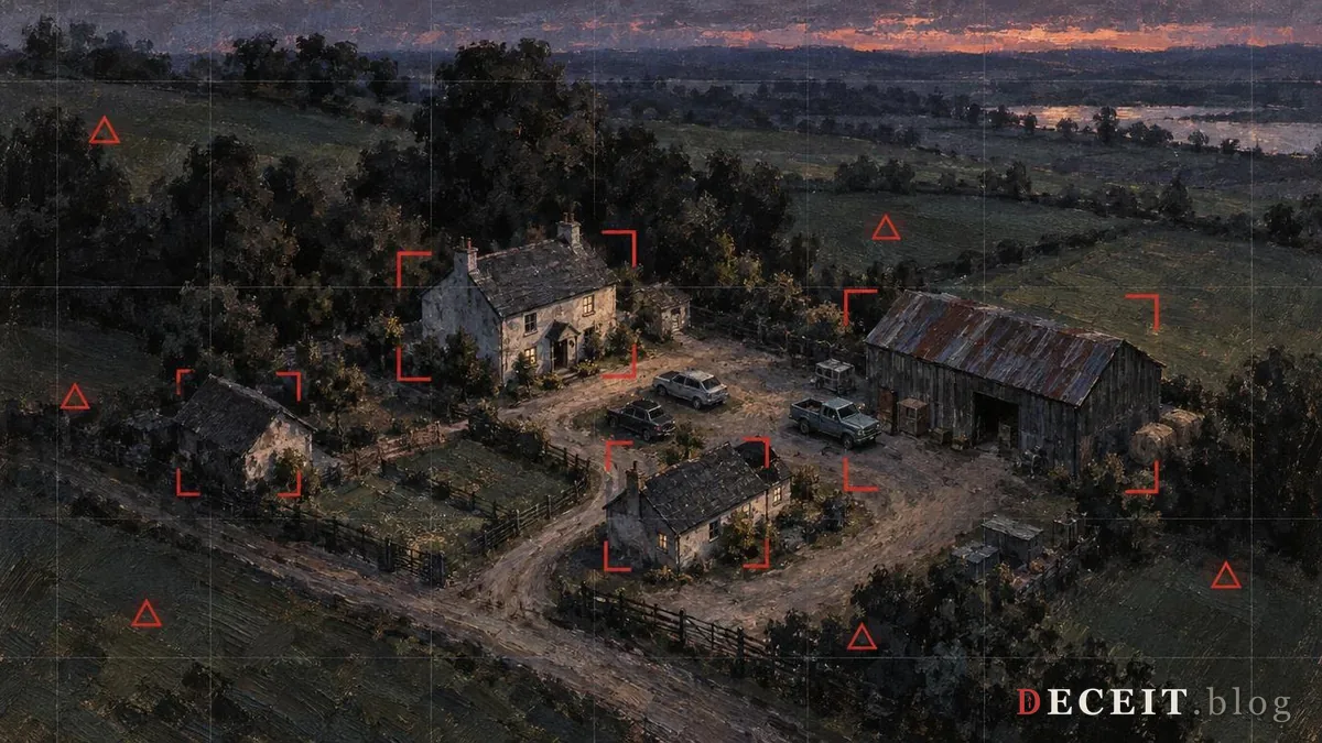 Illustration: a bird's-eye view of a small rural compound drawn like a hand-inked surveillance plate, crimson brackets and empty warning triangles marking the buildings under a faint grid.