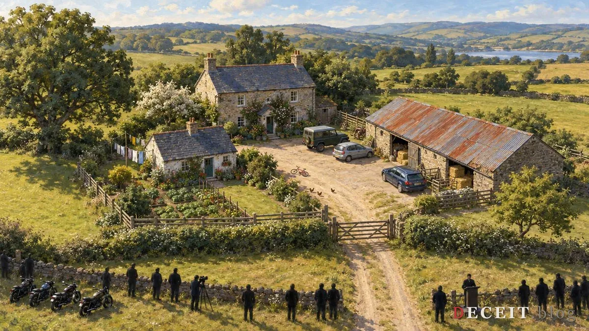 Illustration: the same compound in clear daylight with the markings gone, an ordinary farmhouse with laundry on a line and a child's bicycle in the yard, while outside the fence a ring of faceless silhouettes looks in with a camera on a tripod, parked motorcycles and one figure at a lectern.