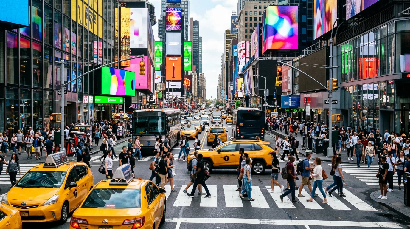 Times Square on an ordinary day, public, crowded, shared.