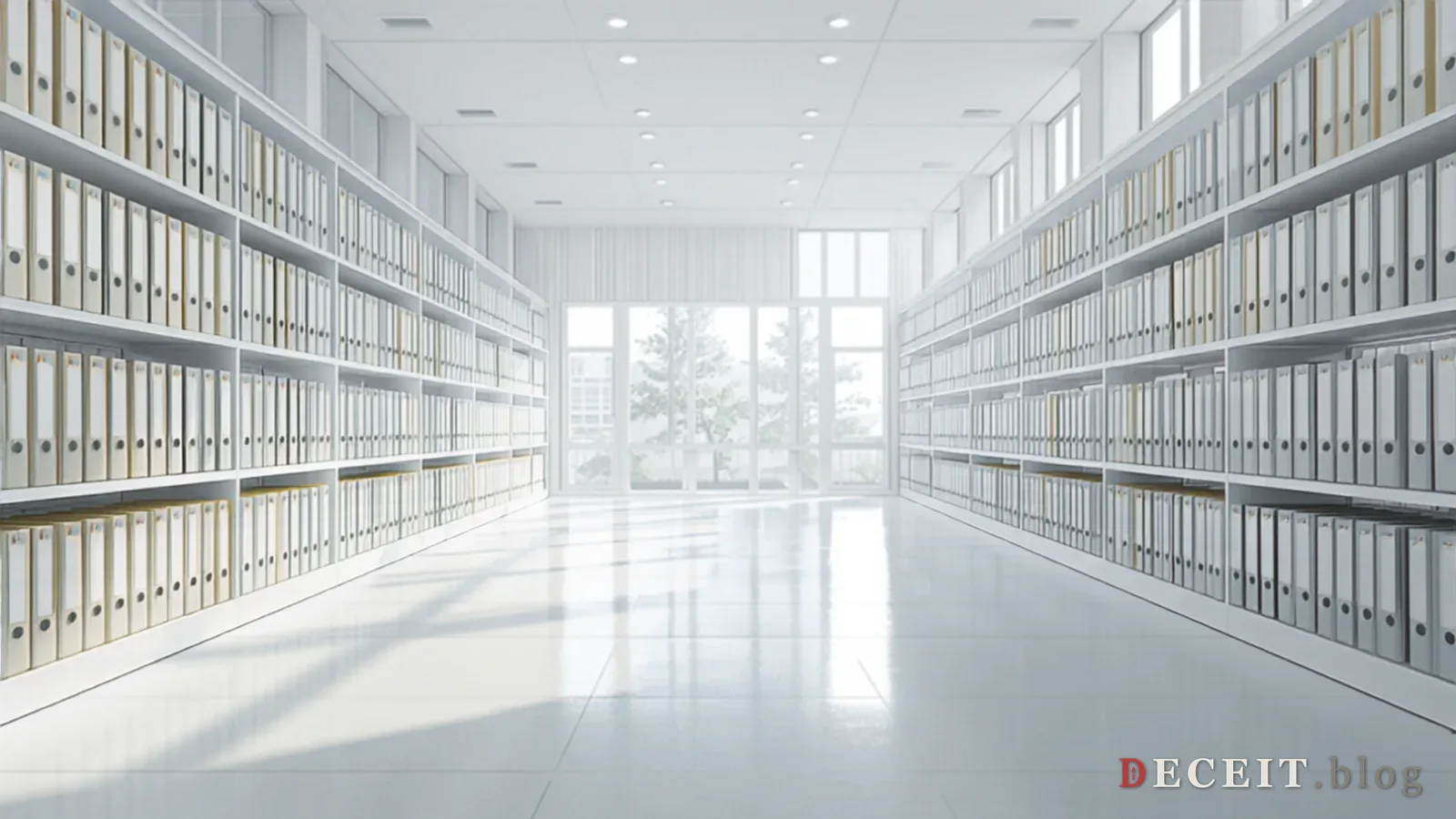 A clean, organized records archive. Bright lighting, neat file folders, transparent labels, an open records room. Transparent, complete, accessible.
