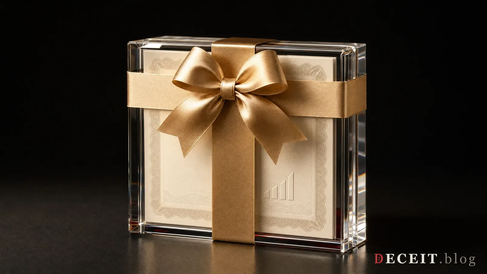 A stock certificate enclosed in a glass gift case with a gold ribbon and bow.
