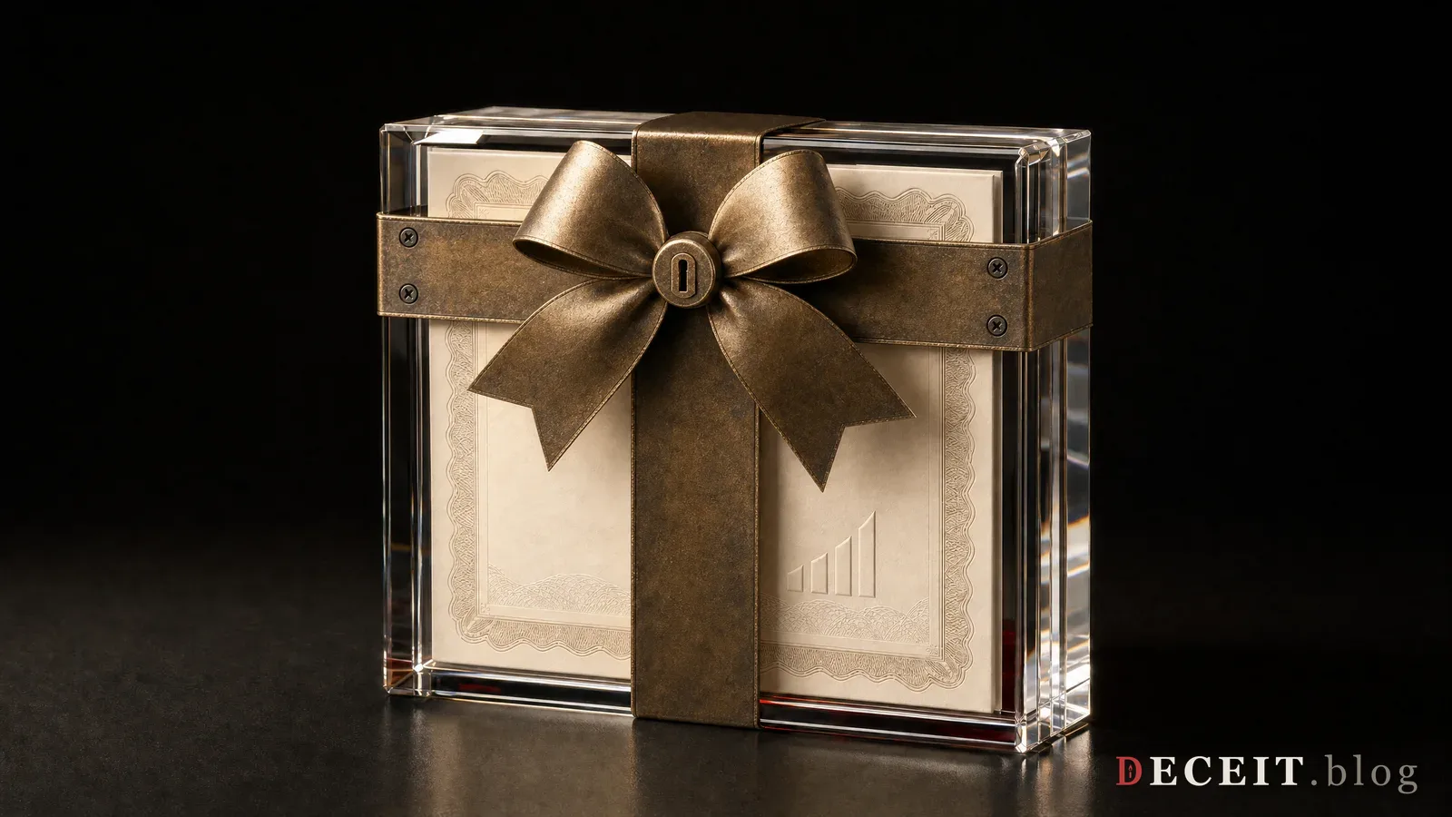 The same glass case, with bolted brass straps and a keyhole in the bow.