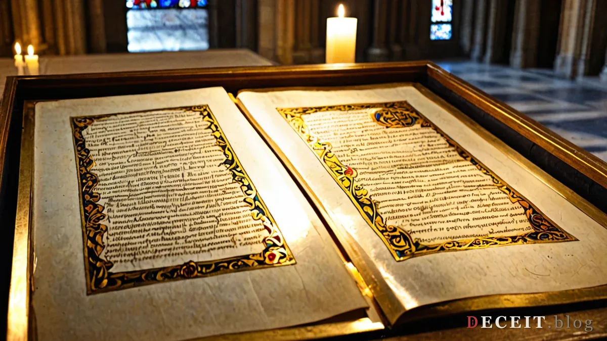 An illuminated medieval manuscript page displayed under glass in a cathedral treasury case, gold leaf lettering, warm veneration lighting.
