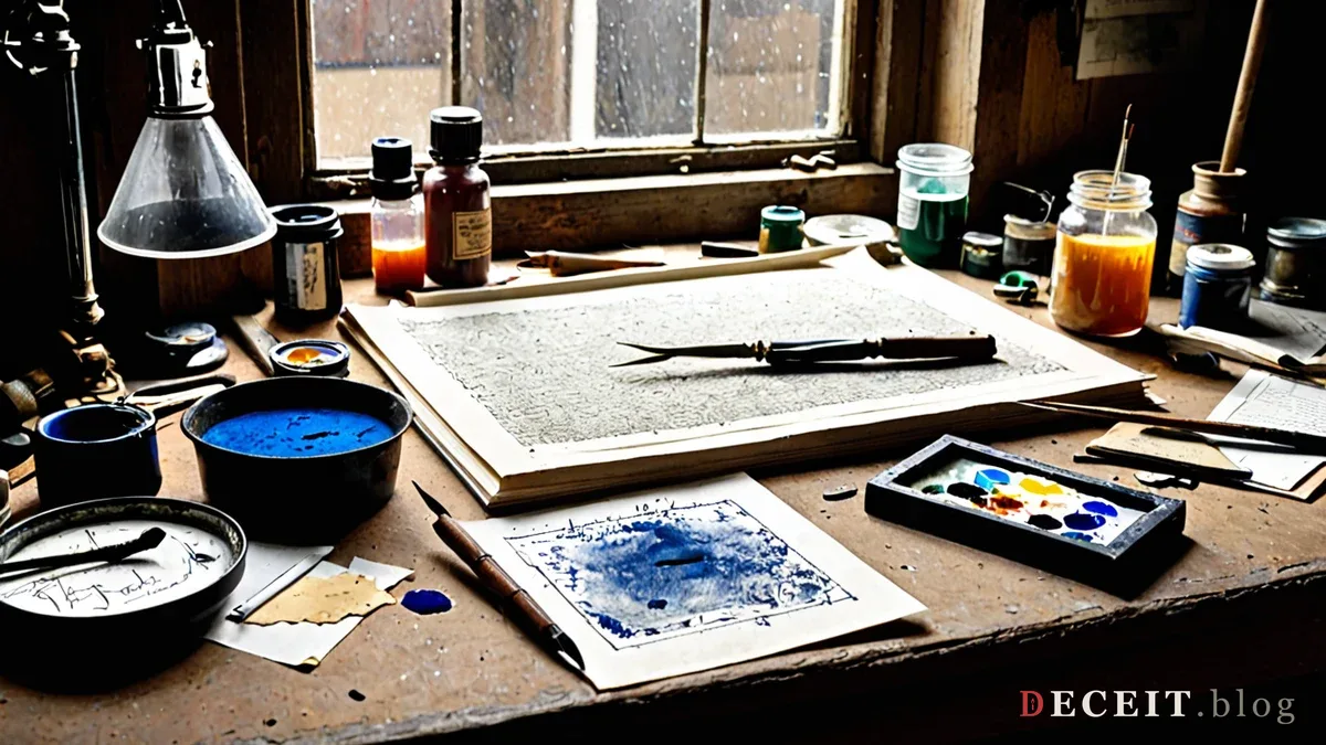 A forger's worktable in a dim workshop, a half-finished manuscript page beside pigment pots, quills and a worn reference original under a magnifying lamp.