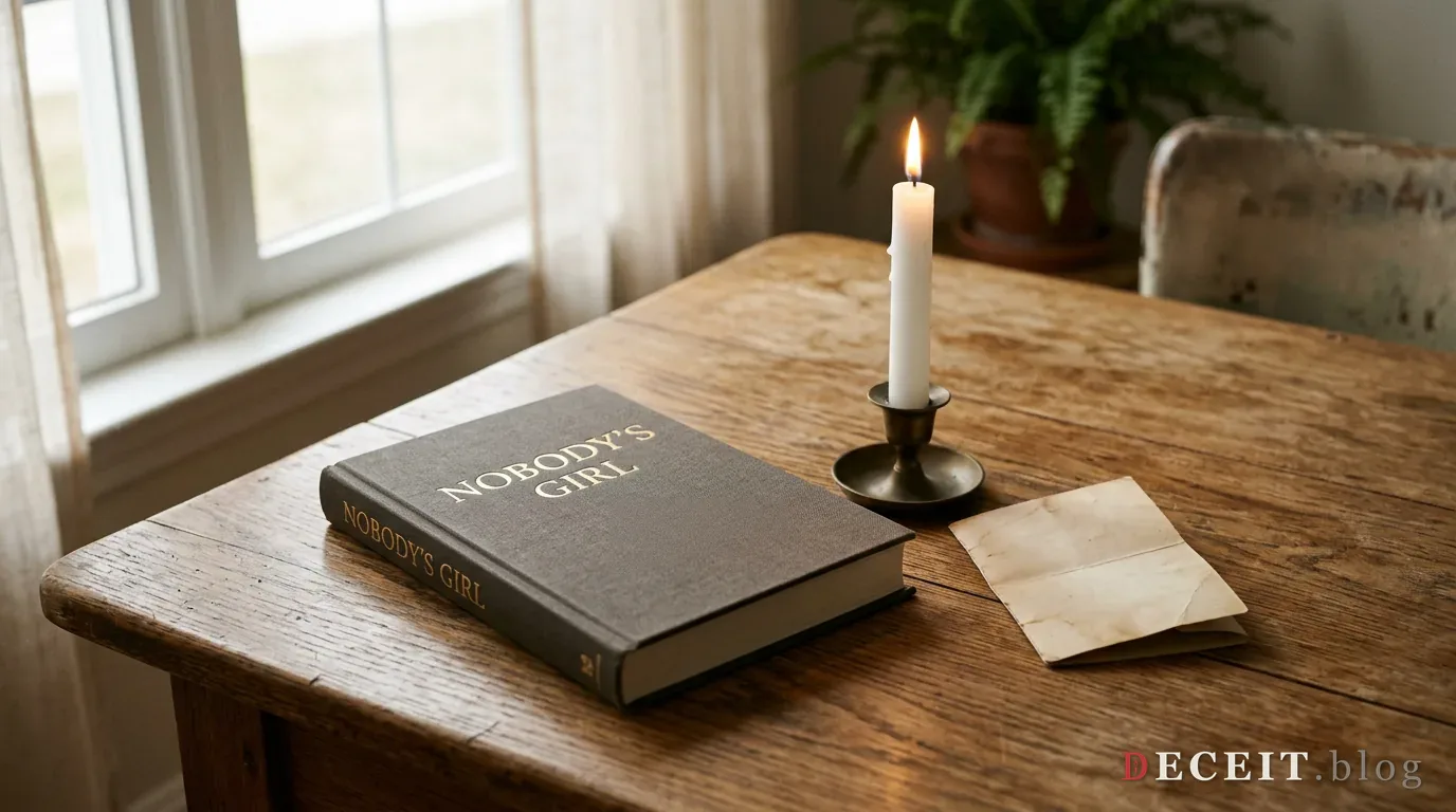 Closed memoir Nobody's Girl beside a lit candle on a wooden table