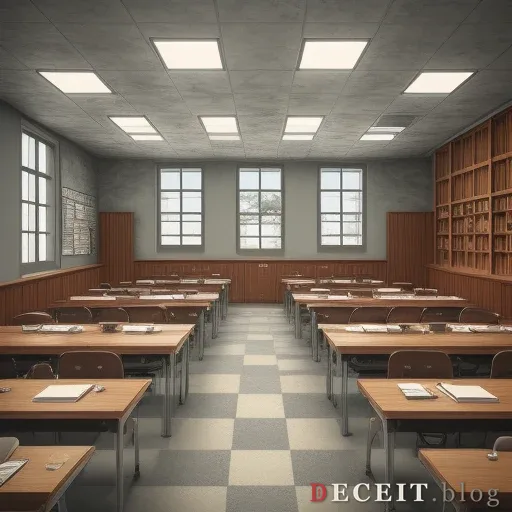 An empty, symmetrical public-school classroom in calm morning light, with rows of desks and a blank framed document on the wall.