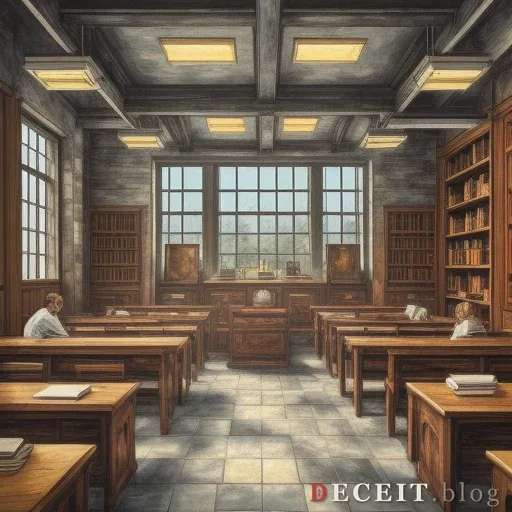 The same classroom transformed into a dark institutional chamber, its rigid desks and filing cabinets revealing the pressure beneath an official school religious period.