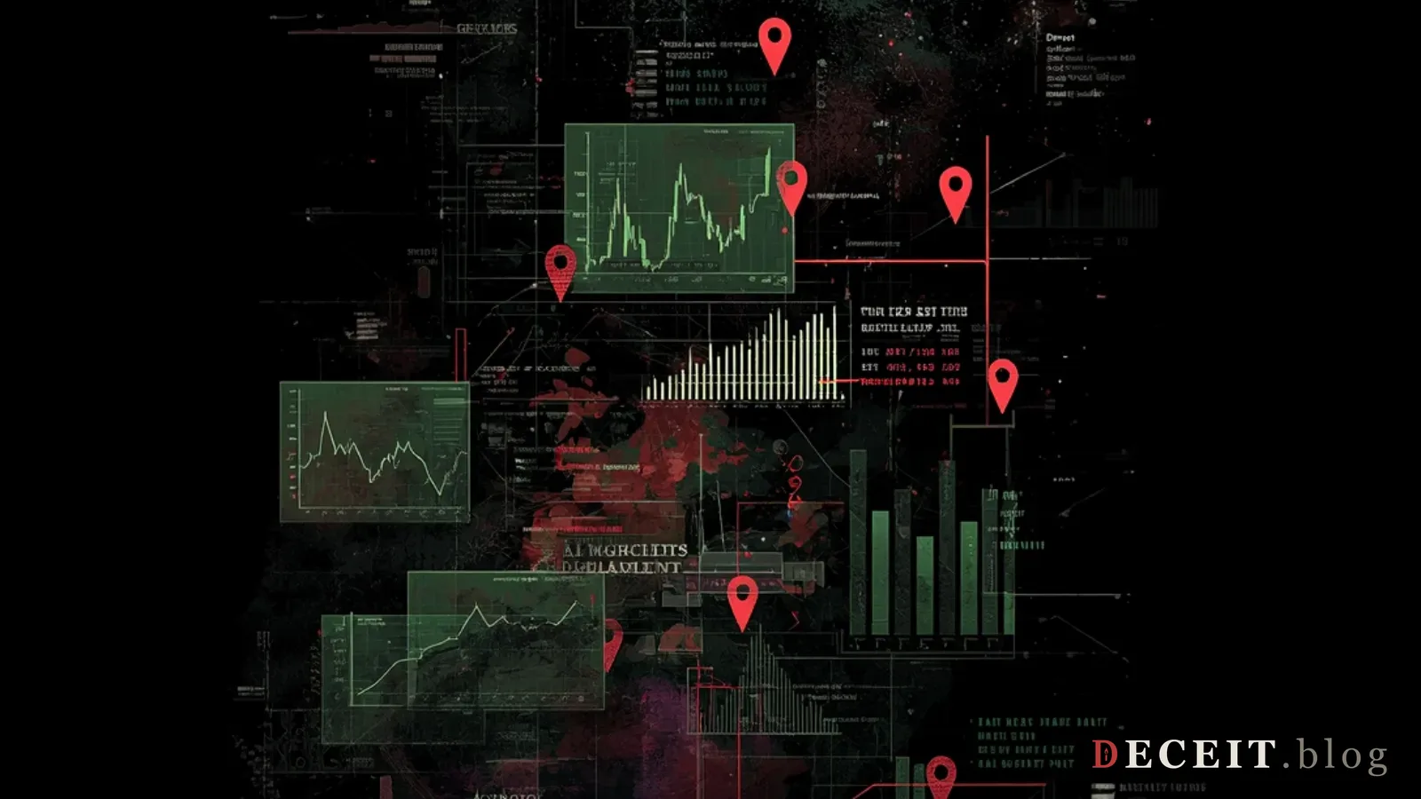 The same dashboard revealed as damage to workers. Behind the green charts, dark tariff costs, lost health coverage, cut overtime rules, AI displacement markers.