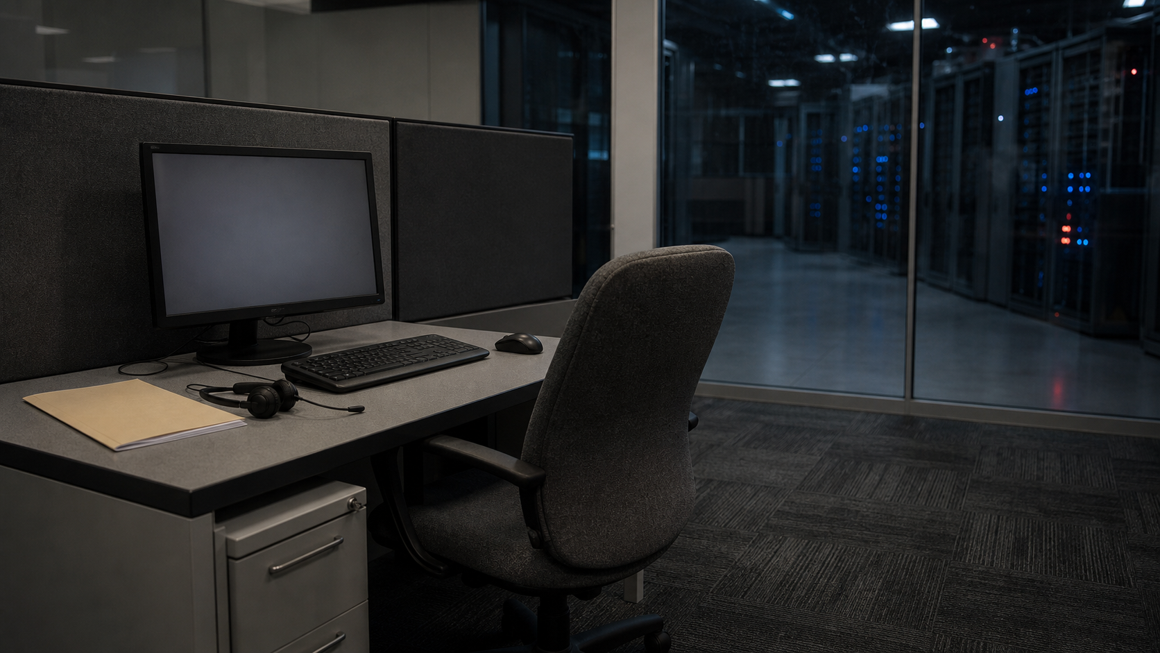 An empty customer-support workstation beside a glass-walled data center.