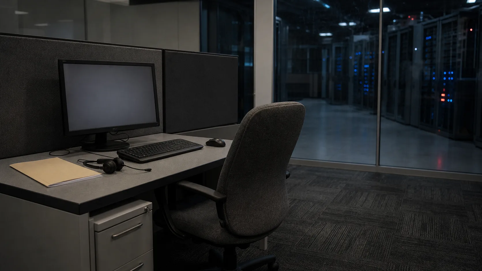 An empty customer-support workstation beside a glass-walled data center.