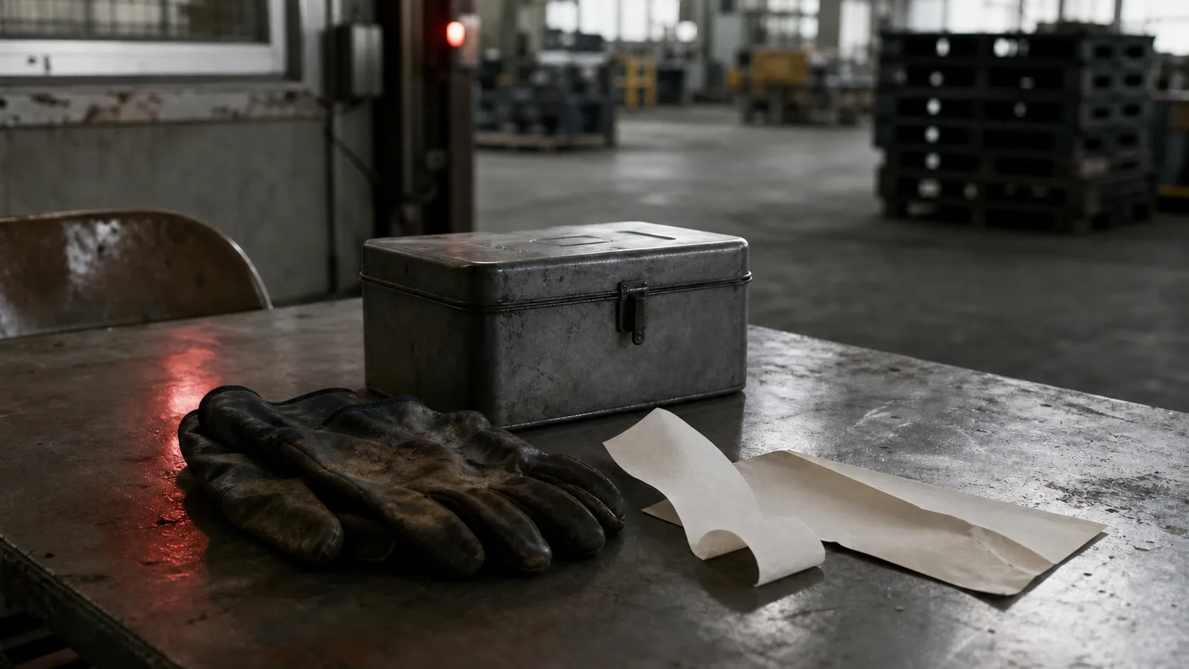 Used work gloves, a metal lunchbox, and blank papers on a worn factory table.